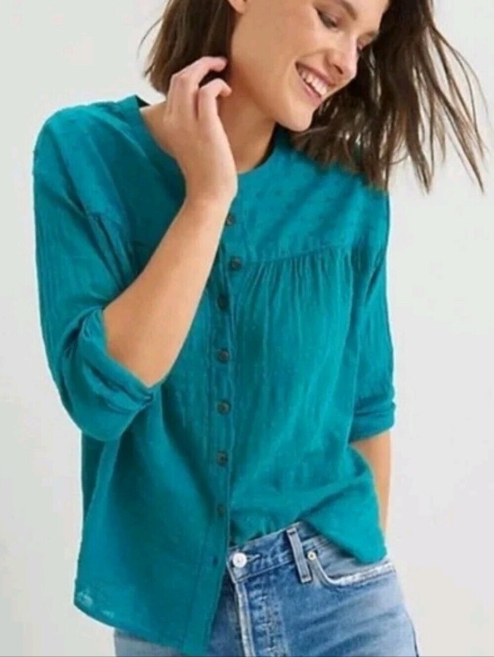 Pilcro by Anthropologie Mila Teal Cotton Gauze Swiss Dot Button Down Blouse 3X